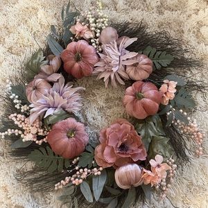 Pink floral and pumpkin wreath
